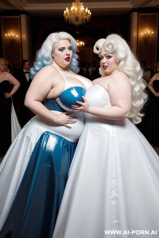 a white obese fat woman with gigantic huge boobs, ginger hair in blue latex ball gown dancing with a ebony obese fat woman with gigantic huge boobs, white hair in white latex ball gown - #main
