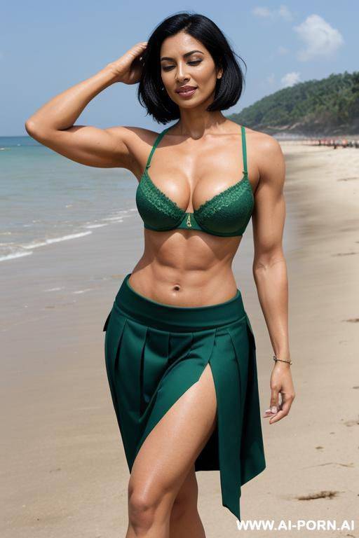 indian, short hair, fit, abs, muscular arms, arm up, big ass, tall, long legs, navel piercing, green bra, green pleat skirt, looking at camera, full body, stiletto, beach, milf, eyes closed, mouth open - #main