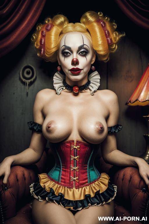 _clown, goth skin, red lips, ((topless, open boobs, show nipples)), front view extreme close up - #main