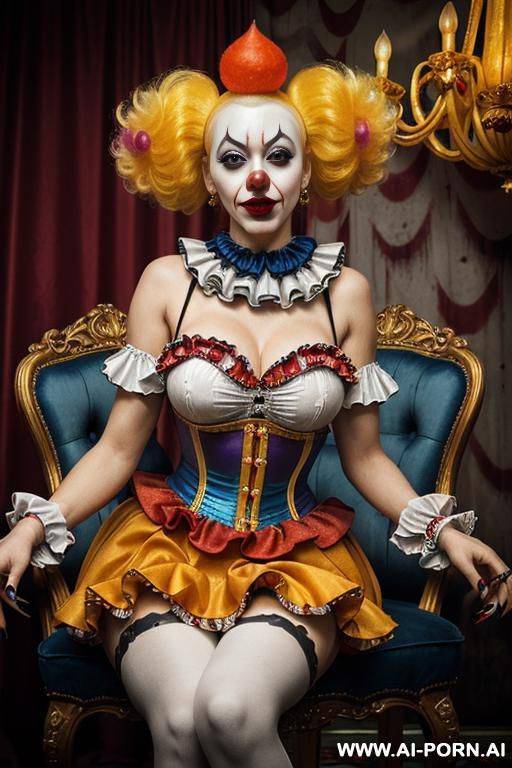 clown, goth skin, red lips, topless, show nipples, front view extreme close up - #main