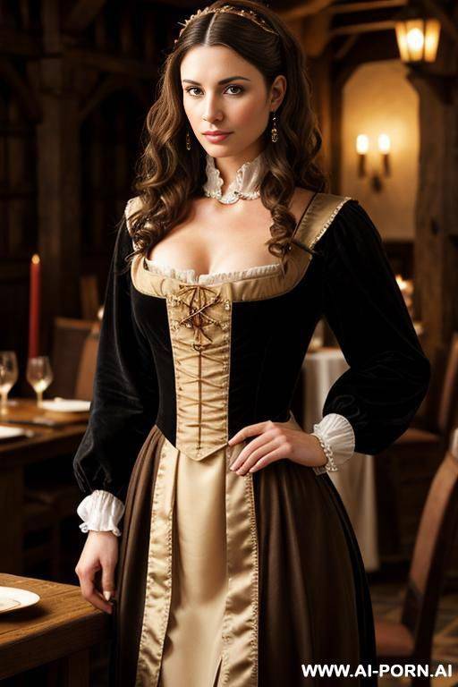 beautiful medieval waitress, wearing modest brown dress. she has long brunette waves. face - #main