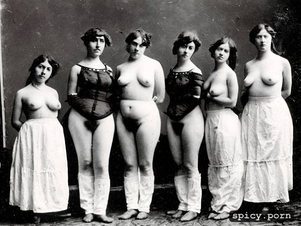 fully naked, group photo of 1800s fat lesbians, standing in victorian kitchen - #main
