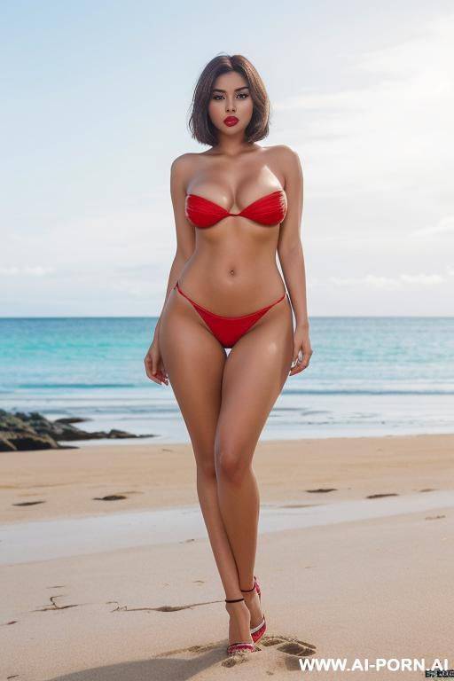 tall busty chilean, 20 years, gorgeous face, thick lips, brunette bobcut, brown eyes, lipstick, medium boobs, waist, abs, huge ass, thick legs, wide hips, seductive, beach, standing up, full body picture, red strapless micro bikini, white skin - #main