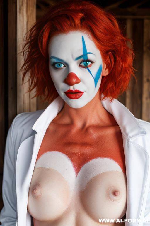 _clown white painted face, ((red nose)), messy hair over the shoulders, (topless, open boobs, show nipples), wearing white coat - #main
