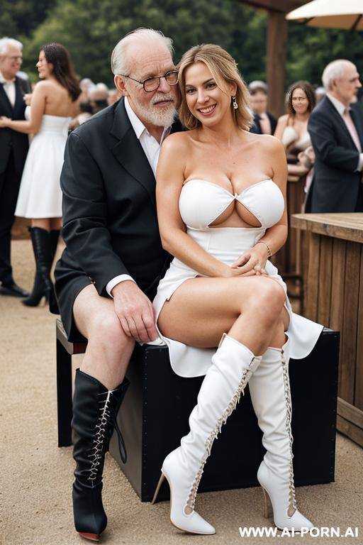 ((((medium full shot)))) ((((just behind stading oldman hugging boobs)))) ((((keep same face)))) at de outdoor wedding celebration ((((sitting showing legs)))) pretty face italian wife lot jacket men - #main