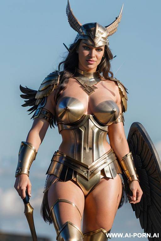 nukleare rings, bracelet, gold armband. (massive bulging bulbous round boobs). long thick pointed erect nipples. nipple ring. winged helmet. - #main