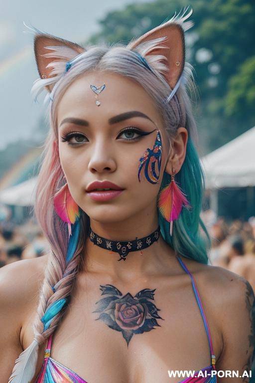 face, sexy, beautiful, ((face painting)), ((bikini as seashell)), ((tattoo roses)), ((eyes shw)), ((angel wings)), ((rainbow hair)), ((long bu hair)), ((wind)), (( cat face)), (( cat ears)), (((feather - #main