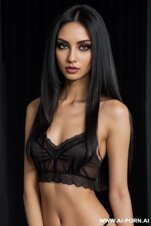 (long straight hair) (gothic model) (deep of field) ((eye contact)) (ideal facial ratios) (flirty and sexy energy) (soft skin) (makeup) ((look into camera)) ((smokey eye)) (low light) (black dark background) ((black see trough camisole lingerie)) - #main