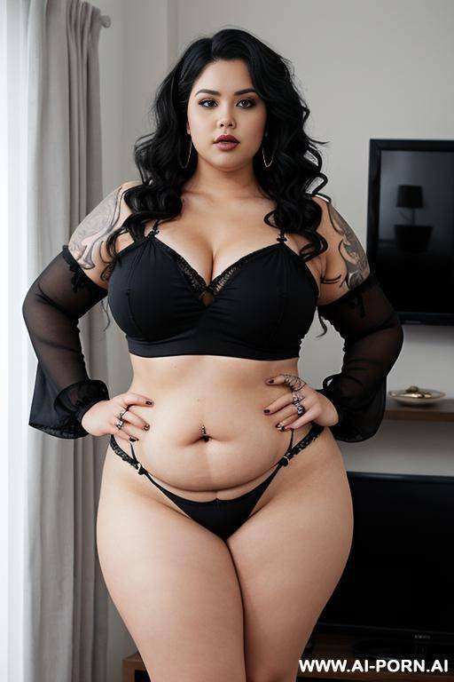 chubby woman, full body, standing, (emo) (piercings), triangular hips, thick thighs, hands on hips, room in front of the television - #main