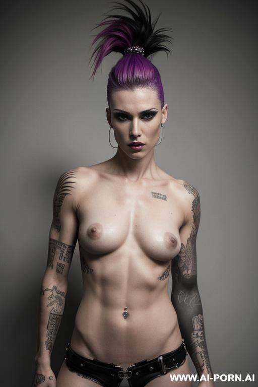 photorealist, athletic, vi from the serie arcane, completly naked, punk woman, bad woman, punk hairstyle, serious, masculine women - #main