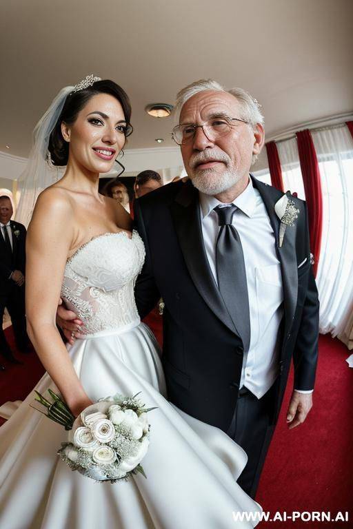 ((((view fish eye lens view)))) ((((medium full shot)))) ((((stading oldman drunk behind )))) ((((keep same face)))) at de wedding celebration ((((stading showing stocking)))) pretty face italian wife - #main