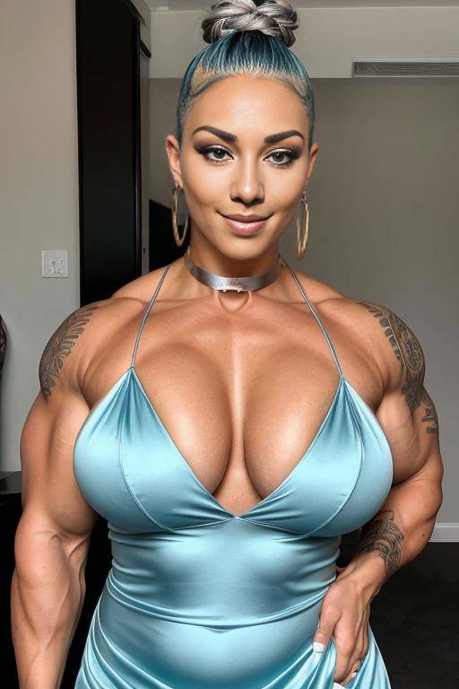 (close up) (extremely tanned atlantis priestess) (blue eyes) (overlooking atlantis) (topless ornate dress) (gold hair with silver highlights) (((slightly chubby))) exhibition, shorty pixie hair with shaved - #main
