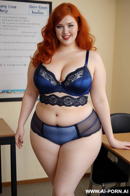 full body photo shot, about at classroom, fat bbw curvy with love handless and tummy, wearing a sexy and hot blue lingeries. - #main