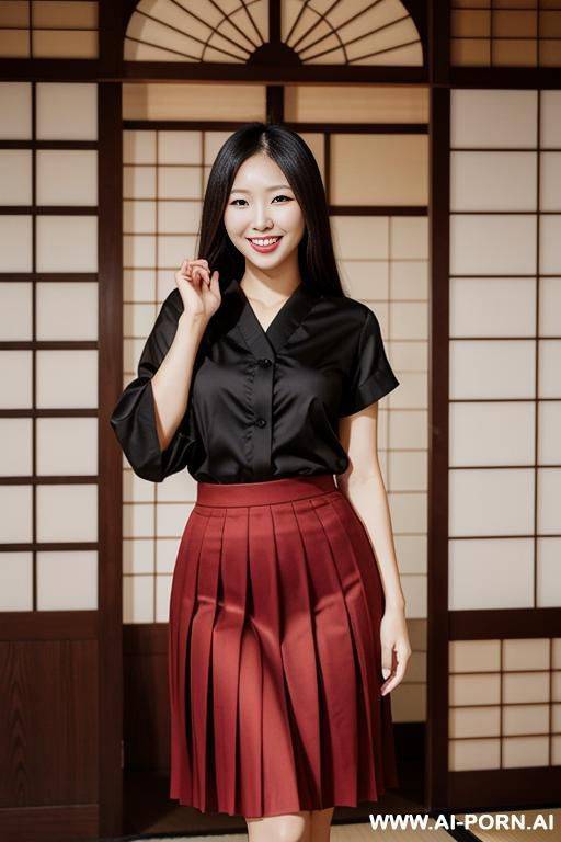 japanese woman, hourglass figure, pleated red skirt, smiling - #main