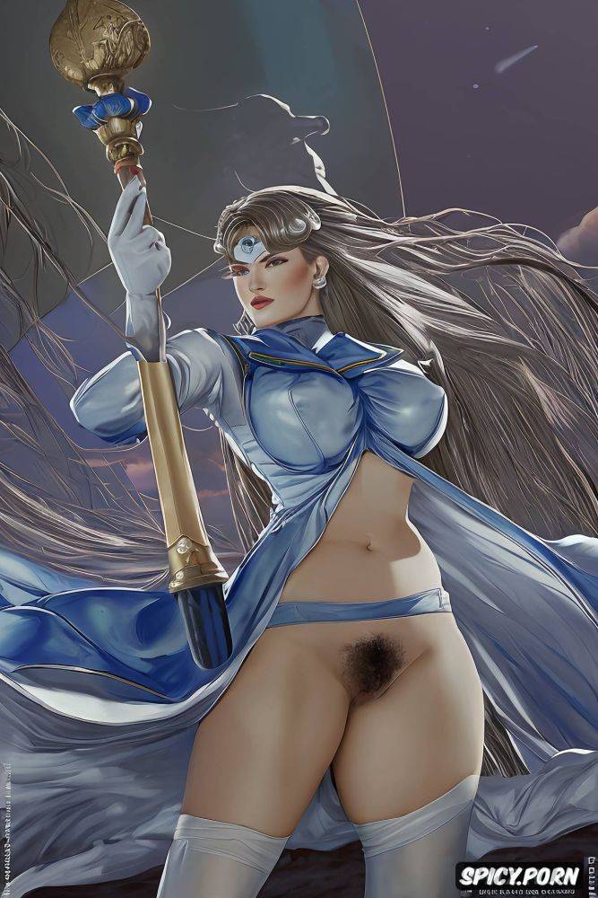 fat body, blue cape, belly, diadem, half moon, muscular calves - #main