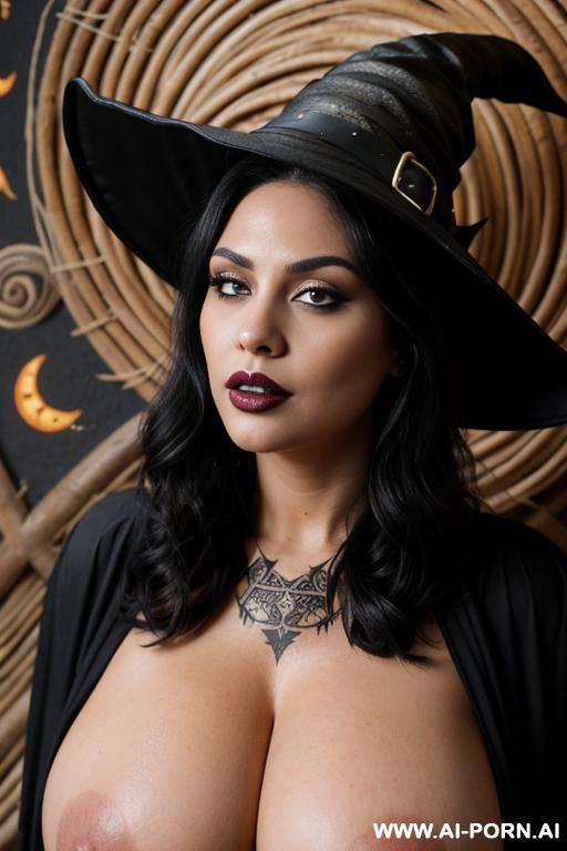 curvy, voluptuous woman, big lips, topless, big boobs, thick boobs, big thighs, thick thighs, tribal tattoo on stomach, ((detailed skin, detailed boobs, realistic background)), round face, (multiple women), (kissing), twins, (((witch hut background))) - #main