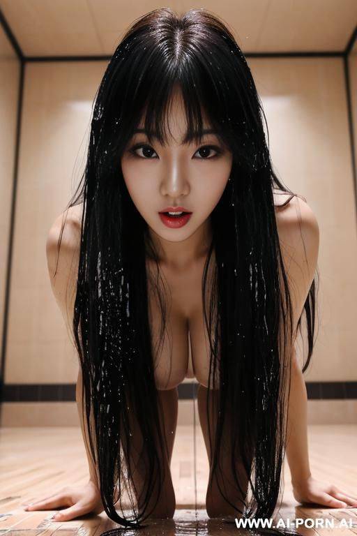 (korean idol) (bangs) (long messy hair) (nude) (looking up) (orgasm) (close view from below) (spread legs) (after glow) (wet floor) - #main