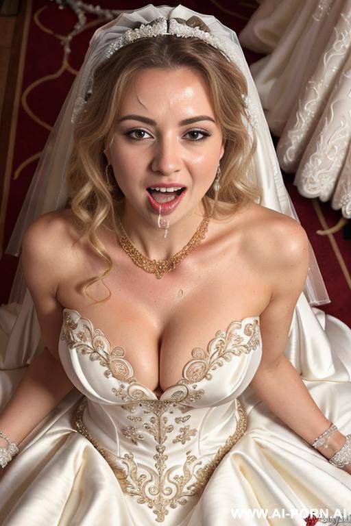 2 russian women, on their knees, in a fitting room, (gold necklace bracelets and rings), red satin dress, mouth open, ((joyful)), eyes contact, blonde messy hair, camera from above, wet - #main