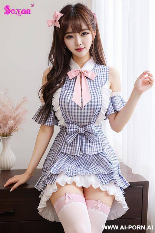 (korean idol) (bangs) (long messy hair) (pink layered dress lift) (white stockings) (gingham bow) - #main