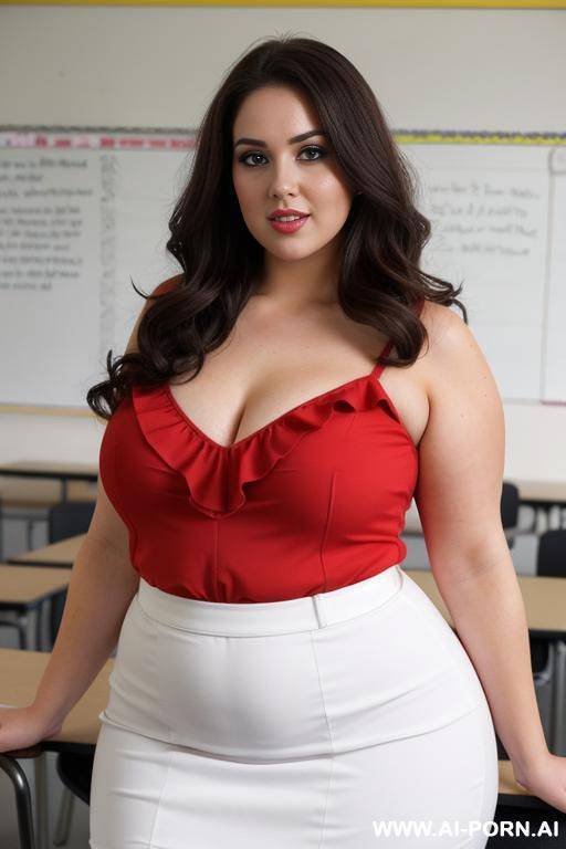 close up full body photo shot, about at classroom, chubby fat bbw curvy teacher, wearing a sexy and hot micro red ruffle skirt and elegant micro summer top, teaching to the classroom. g about the question - #main