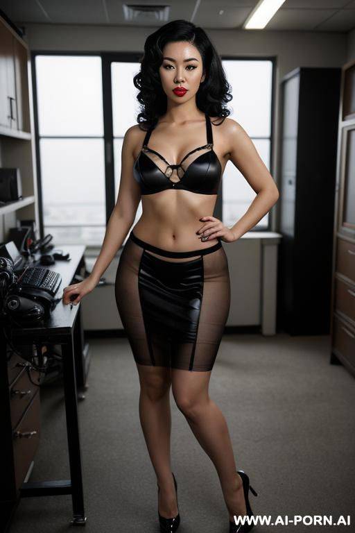 sexy asian spy, sleek black revealing spy outfit with cleavage, tape over mouth, in abandoned lab, mind control tech, smart, fuckable, mind controlled, submissive, realistic, real - #main