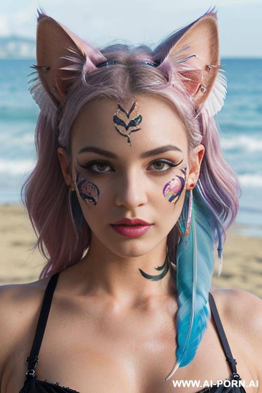 face, sexy, beautiful, ((face painting)), ((bikini as seashell)), ((tattoo roses)), ((eyes shw)), ((angel wings)), ((rainbow hair)), ((long bu hair)), ((wind)), (( cat face)), (( cat ears)), (((feather - #main