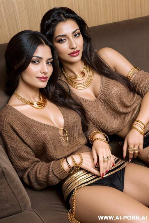 2 arabic women, on a couch, spreading legs, (gold necklace bracelets and rings), ((seductive smirk)), eyes contact, brown braided hair, brown sweater - #main
