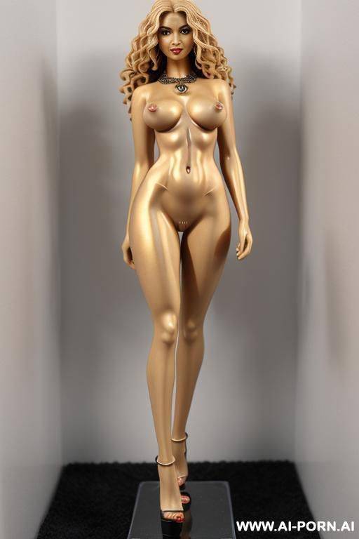 long curly, very hairy pussy, totally naked, (completely naked no clothes) (sexy standing pose, eye contact) (((narrow hips:1.3))) (((tighs))), ((( figure))) necklace, (show boobs) (big loop earrings) direct front view, highheel sandals - #main