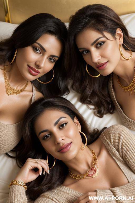 2 arabic women, on a bed, ((joyful)), (gold necklace bracelets and rings, hoop earrings), ((seductive smirk)), eyes contact, brown braided hair, brown sweater - #main
