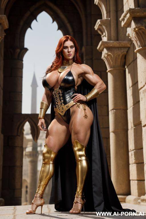 sci-fi egyptian royalty. queen, royal necklace, pierced navel, rings, bracer, ((oversized full gigantic boobs)), anklet, huge nipples, gold armour, anklet, gold thigh high gladiator sandals. gold mesh - #main