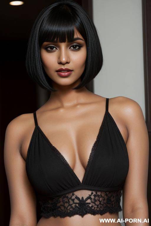 brown indian woman with black bob cut hair and breasts and dark circles - #main
