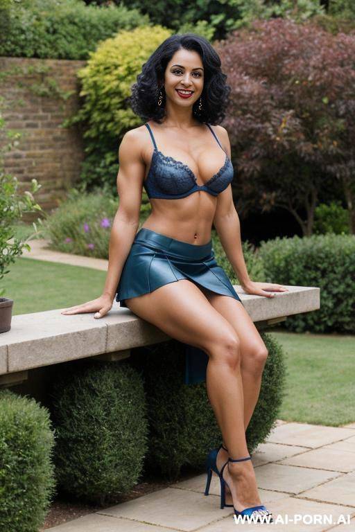 indian, short hair, fit, abs, muscular arms, big ass, tall, long legs, navel piercing, blue bra, blue pleat skirt, looking at camera, full body, stiletto, in garden - #main