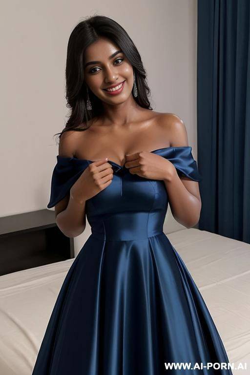 (close up) (smiling dark skin pakistani woman) (slipping (simple blue prom dress) (off shoulder) (showing breasts)) (topless) - #main