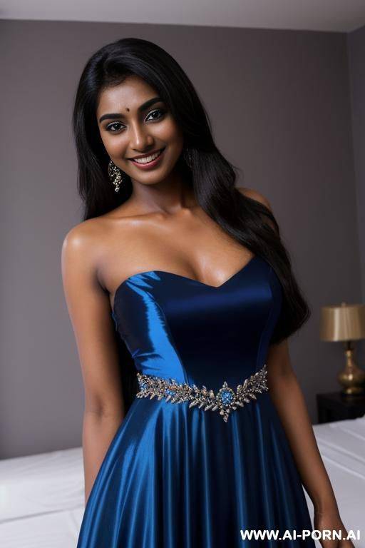 (close up) (smiling dark skin pakistani woman) (holding blue prom dress) - #main