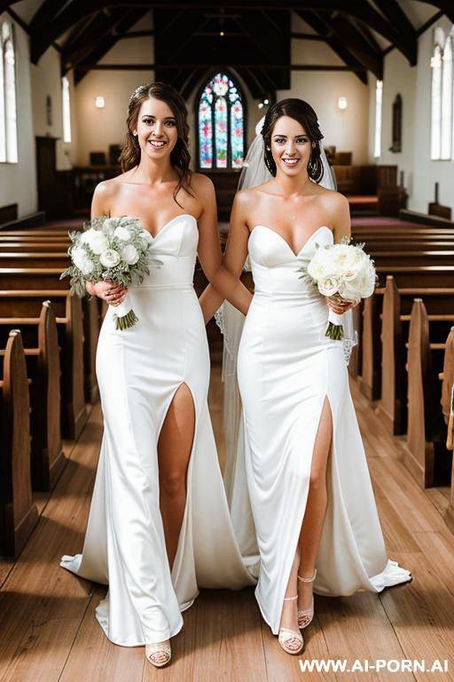 two twin brides wedding with topless long white dress in church - #main