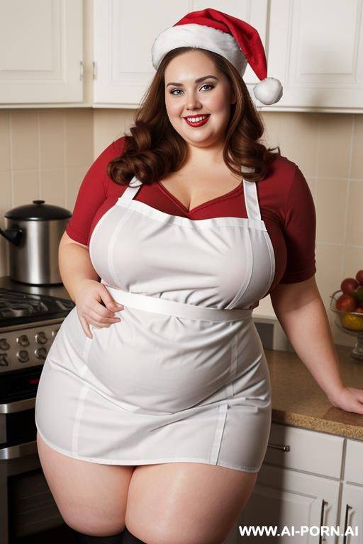apron, fat bbw plump, rotund, santa hat, 300 pounds, auburn brunette, wearing tight red apron, pear shaped body, round belly, extremely wide hips, hourglass, making cookies - #main