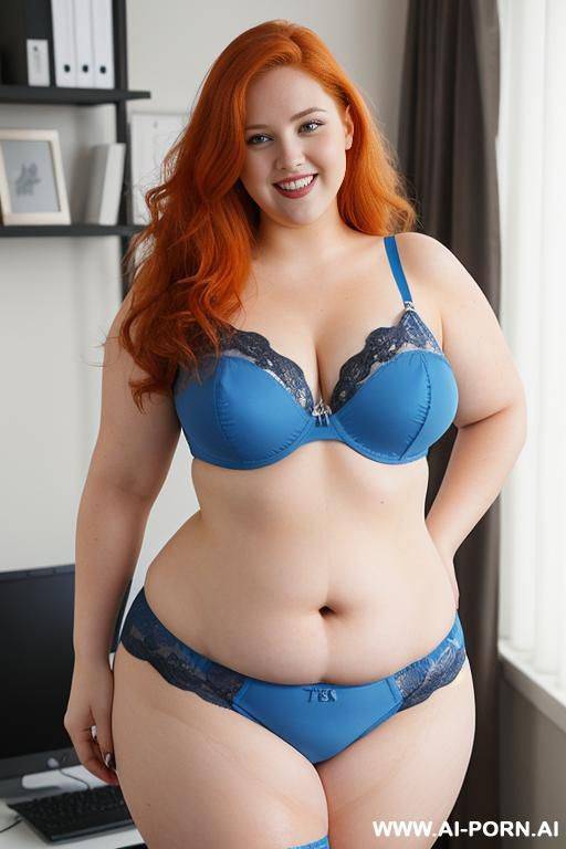 full body photo shot, dinamyc angle, about an office, fat bbw chubby with love handless and tummy, wearing a sexy and hot blue micro lingerie - #main
