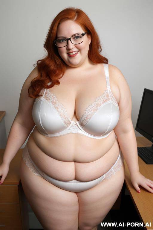 half body photo shot, dinamyc angle, about an office, fat bbw chubby with love handless and tummy, wearing a sexy and hot shaping lingerie, very fat and obese wearing a teacher glasses - #main