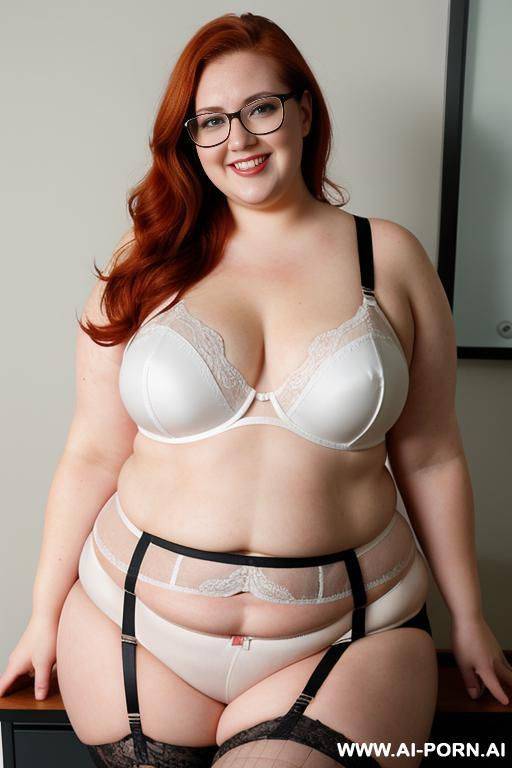 half body photo shot, dinamyc angle, about an office, fat bbw chubby with love handless and tummy, wearing a sexy and hot garter belt lingerie, very fat and obese wearing a teacher glasses - #main