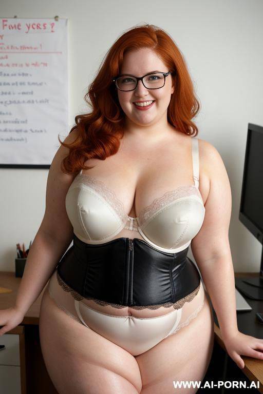 half body photo shot, dinamyc angle, about an office, fat bbw chubby with love handless and tummy, wearing a sexy and hot bustier lingerie, very fat and obese wearing a teacher glasses - #main