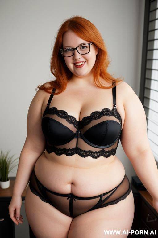 half body photo shot, dinamyc angle, about an office, fat bbw chubby with love handless and tummy, wearing a sexy and hot bustier lingerie, very obese, wearing a teacher glasses - #main