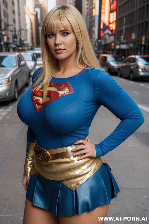 chubby woman, blonde hair with bangs, full body, standing, superwoman, blue superwoman blouse with symbol, long sleeves, red skirt, gold belt, looking ford, big, expressive eyes, blue eyes, hands - #main