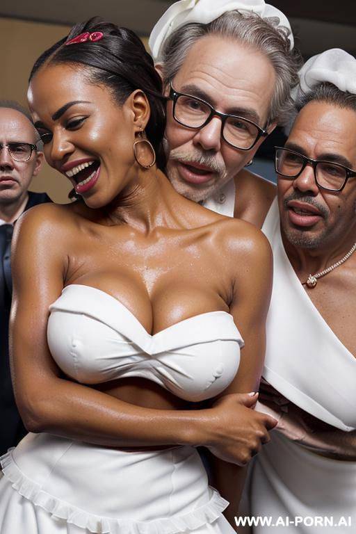 ((((medium shot)))) ((((hugging oldman behind )))) at office celebration pretty face black african wife on stage bathes in beer a lot of beer suds lot jacket men looks at her close up around - #main