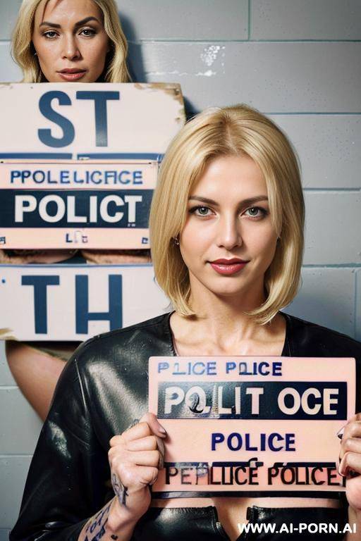 ((((medium shot)))) ((((keep same face)))) ((((at the police station)))) ((((photo of the arrested perman)))) ((((holding in front arrest sign on hands))))) ((((tatto)))) ((((full lips)))) leaning on the wall of measurements standing face surpise smile - #main
