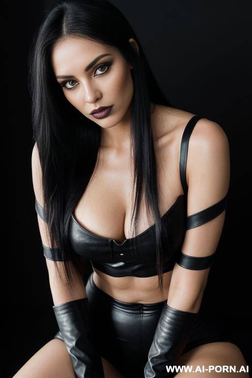 (long straight hair) (gothic model) (deep of field) (ideal facial ratios) (flirty and sexy energy) (soft skin) (makeup) ((look into camera)) ((smokey eye)) (low light) (black dark background) (black leather crop top with black leather sleeves)) - #main