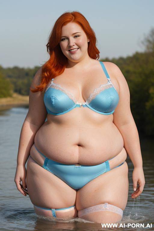 half-length photo, dinamyc angle, as a setting in the river, a fat chubby obese fat thick and bbw redhead british, she is washing clothes. she has lovehandless and a soft medium tummy. she - #main