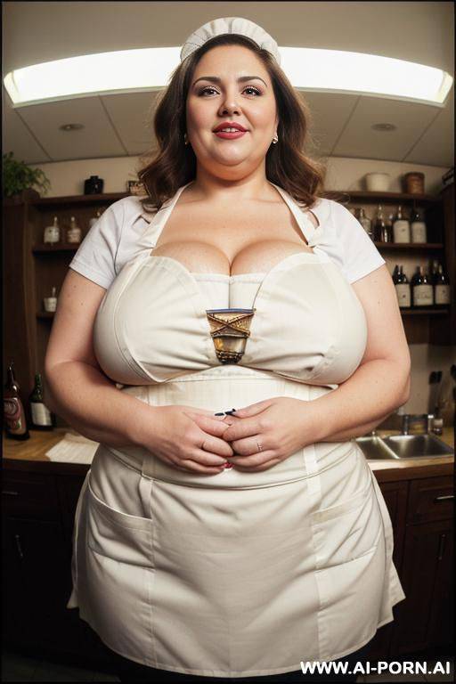 wearing apron ((extra fat)), ((big belly)), ((bbw)), ((((view fish eye lens view)))) ((((view fish eye lens view)))) ((((medium shot)))) ((((hugging lot oldman behind )))) ((((keep same face)))) pretty - #main