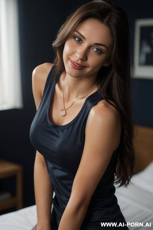 (((a tide tight white sleeveless t-shirt)))), (pretty face), (inviting eyes), (long voluminous hair), (necklace), ((black dark background)) ((depth of field)) ((fawless skin)) ((high contrast)) - #main