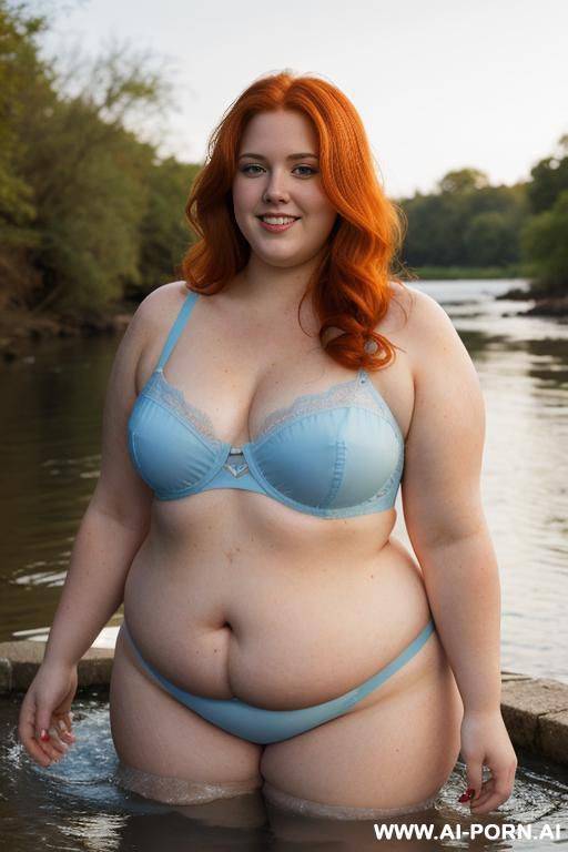 half-length photo, dinamyc angle, as a setting in the river, a fat chubby obese fat thick and bbw redhead british, she is washing clothes. she has lovehandless and a soft medium tummy. she is wearing a skyblue suite lingerie. she has the most body mom - #main