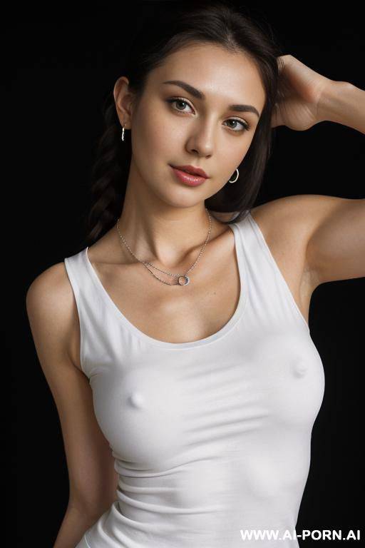 ((white t-shirt)) (((a tide tight white sleeveless t-shirt)))), (pretty face), (wide hips), (inviting eyes), (long voluminous hair), (necklace), (a neckline diving on her breasts ) ((black dark - #main